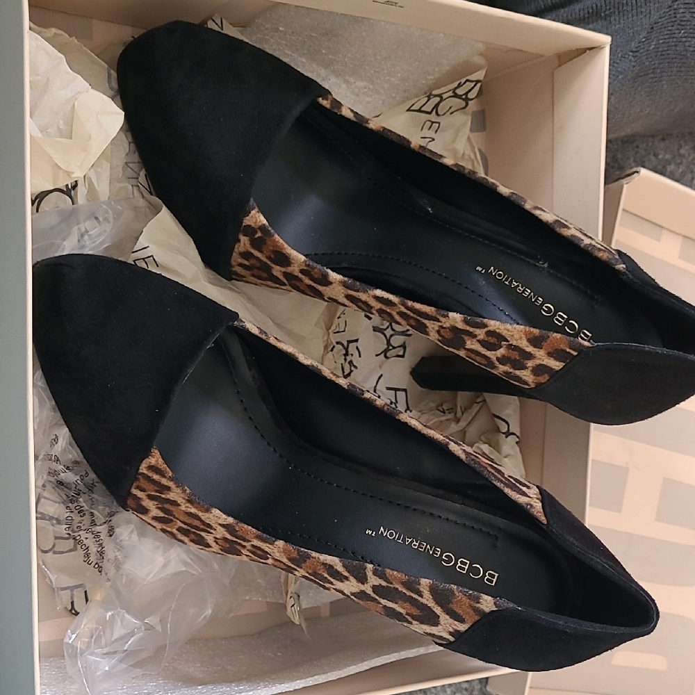 BCBGeneration Black and Leopard Pointed Toe Heels